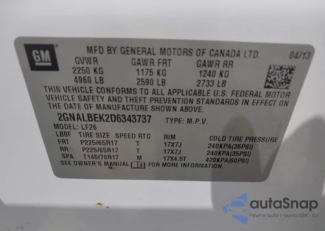 2013 Chevrolet Equinox Ls из США, поврежденный, VIN 2GNALBEK2D6343737